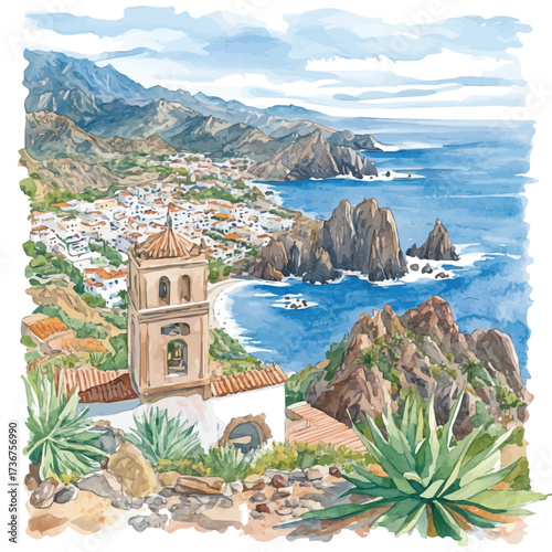 Tenerife Musical Show, watercolor painting vector, isolated on a white background.