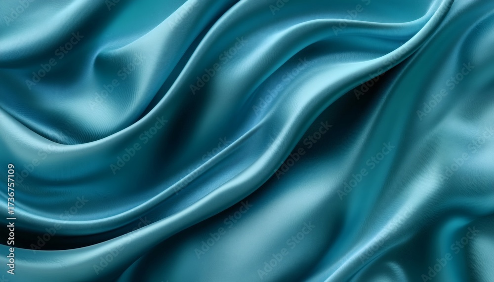 Obraz premium The image shows a close-up view of teal-colored satin fabric, exhibiting smooth curves and flowing folds that create a luxurious texture.