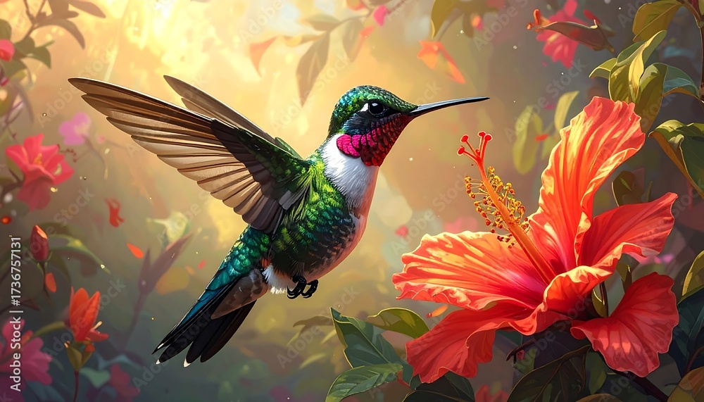 Obraz premium A vibrant hummingbird hovers near a large, vibrant hibiscus flower in a lush garden setting, bathed in warm sunlight.