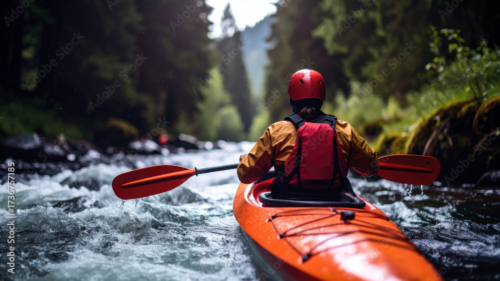 Obraz premium Kayaking down a whitewater river, surrounded by wild nature and extreme adventure.