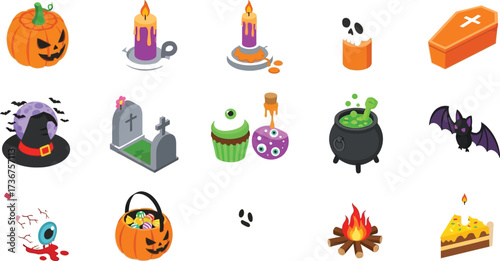 Spooky halloween isometric icons set with pumpkin bat ghost cauldron and other elements