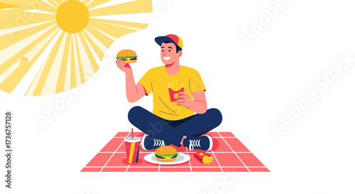 Man enjoying burger and fries on a picnic blanket outdoors with sunny weather illustration