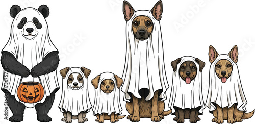 Adorable panda and dogs dressed as ghosts for halloween trick or treating fun