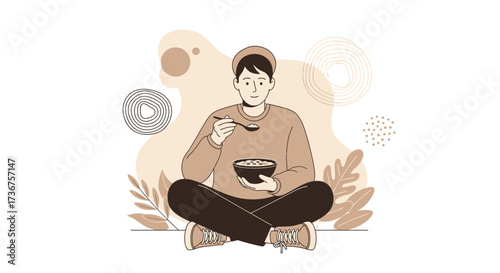 Man Enjoying Breakfast While Meditating In A Peaceful Environment