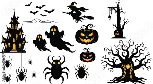 Spooky halloween silhouettes featuring haunted house witch pumpkins ghosts and spiders