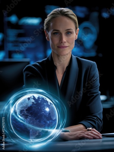 Confident Businesswoman in Professional Suit Holding a Globe Representing Globalization and International Business with a Determined and Inspiring Expression