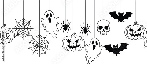 Spooky halloween hanging decorations with pumpkins ghosts bats spiders and a skull