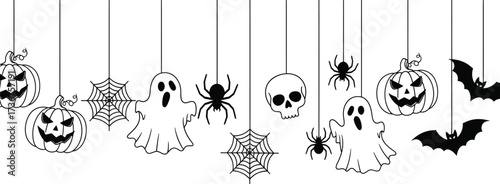 Spooky halloween decorations hanging with pumpkins ghosts spiders and bats on white
