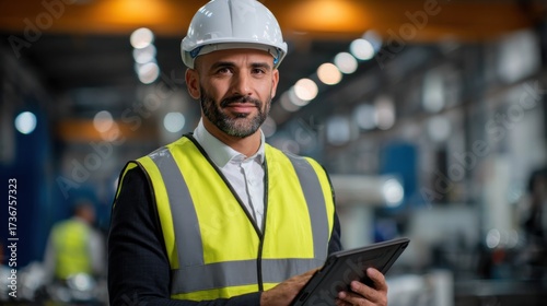 Construction Worker in Safety Vest and Hard Hat Utilizing Tablet for Project Management at Building Site Highlighting Modern Work Practices and Safety