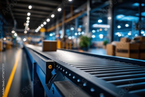 Industrial Factory Scene Featuring Conveyor Belt Loaded with Stacked Boxes Highlighting Efficient Production and Modern Manufacturing Environment