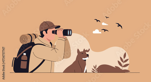 Man with binoculars enjoying outdoor adventure with a dog and observing birds
