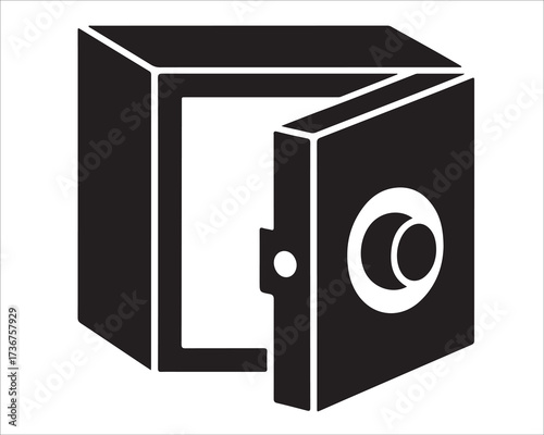 Silhouette of open safe box isolated on white background, simple black security illustration symbolizing protection, banking, finance, savings, deposit, money storage, vault, and valuable asset safety