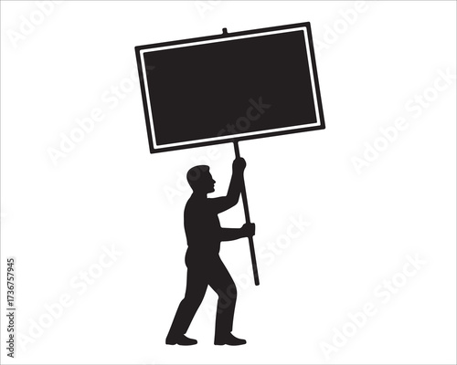 Silhouette of man holding blank sign isolated on white background