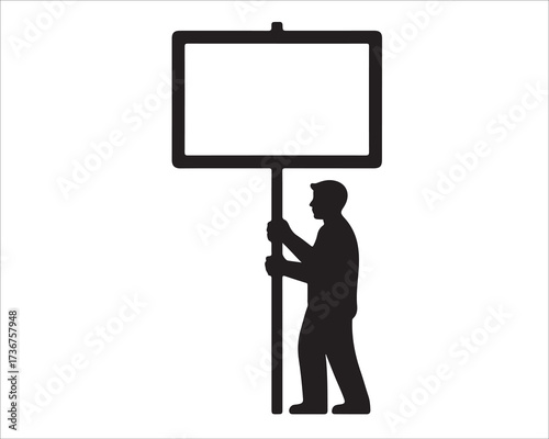 Silhouette of man holding blank sign isolated on white background, simple black protest illustration symbolizing demonstration, message, campaign, announcement, strike, advertisement, and social aware