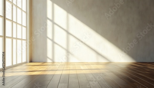 The image shows a bright interior space featuring a large window, light-colored walls, and a hardwood floor, with sunlight casting shadows.