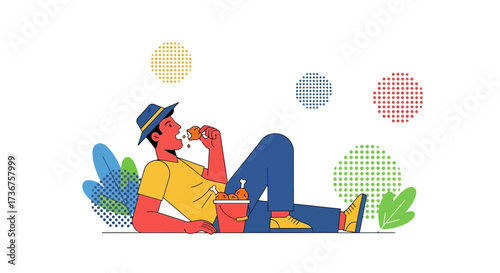 Man Enjoying Fried Chicken During Leisure Time In Modern Abstract Flat Illustration Style
