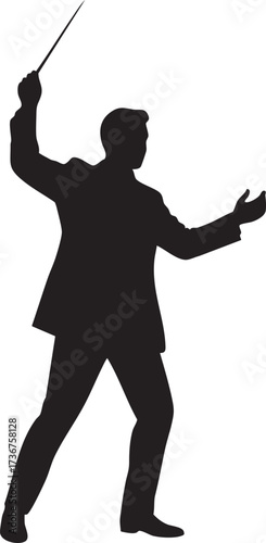 Silhouette of a man in a suit conducting with a baton isolated on white background