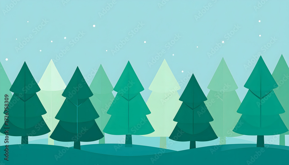 Obraz premium Serene stylized winter forest illustration green trees under a starry night sky, peaceful natural landscape