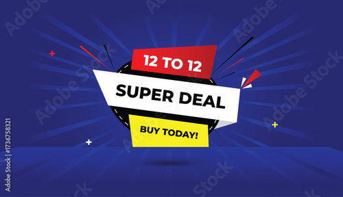 12 to 12 super deal buy today web banner vector art template design badge icon label white black gray yellow red gradient shapes dark blue light sun shine abstract business background offer sale promo