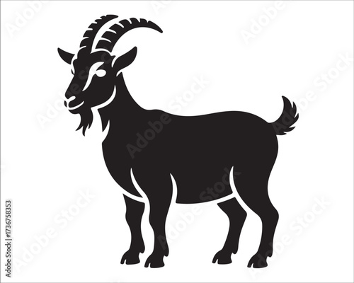 Silhouette of goat standing isolated on white background, simple black farm animal illustration symbolizing livestock, agriculture, countryside, farming, zodiac, Capricorn, rural life, and nature conc