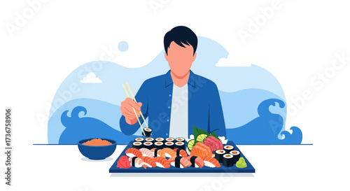 Man Enjoying Japanese Cuisine with a Beautiful Blue Wave Background and Sushi
