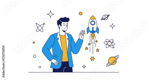 Man with rocket launching to space, startup illustration, business, innovation, and success