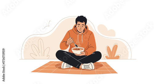 Man Enjoying Meal In The Park, Sitting On Carpet With Bowl Of Soup, Vector Illustration