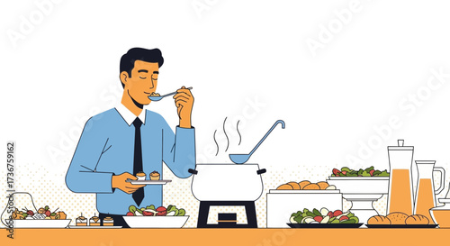 Man Enjoying Meal At A Buffet, Tasting Soup, Expressing Positive Senses Of Taste And Aroma