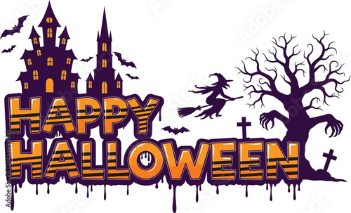 Spooky happy halloween vector graphic with haunted house witch and creepy tree