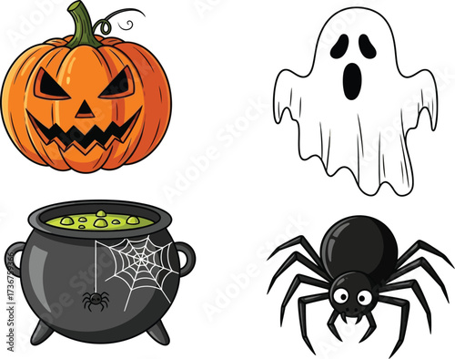 Spooky halloween icons featuring pumpkin ghost cauldron and spider for festive designs