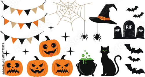 Spooky halloween vector illustration with pumpkins bats witch hat and black cat