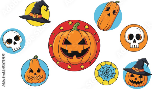 Spooky halloween icons featuring pumpkins skulls and witch hats for festive designs