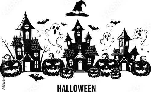 Spooky halloween haunted house scene with pumpkins ghosts and bats in black and white