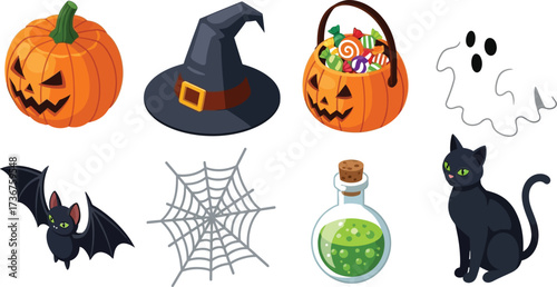 Spooky halloween icons featuring pumpkin ghost black cat bat and witch hat