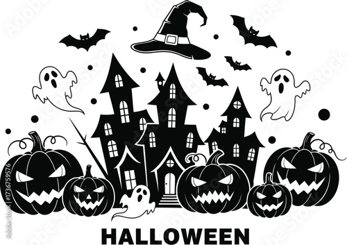 Spooky halloween night vector illustration with haunted house pumpkins ghosts and bats