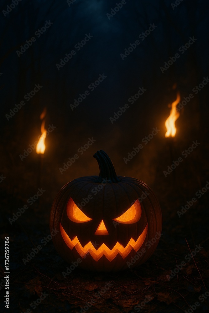 Fototapeta premium Spooky jack o'lantern glowing with eerie light in a dark, atmospheric forest scene