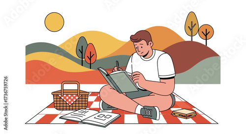 Man enjoying outdoor writing at a picnic with sandwich and basket illustration