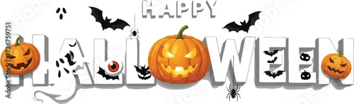 Celebrate a spooky happy halloween with pumpkins bats and ghosts on a white background