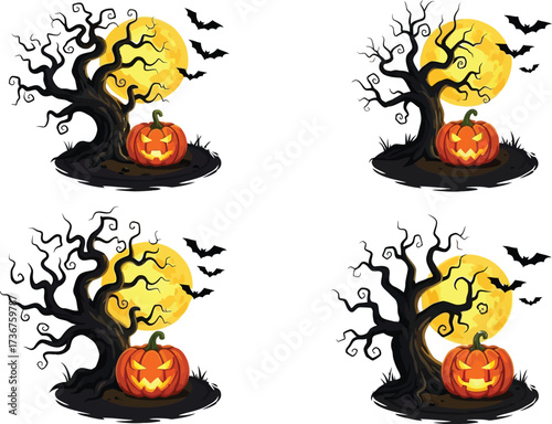 Spooky halloween night with pumpkins bats and a full moon in a cartoon illustration