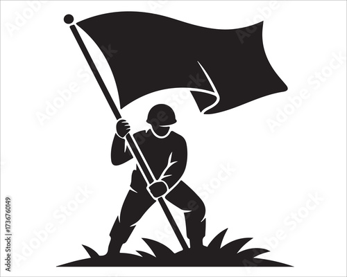 Silhouette of soldier raising flag symbolizing victory