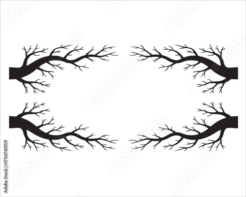 Silhouette of decorative tree branches forming frame isolated on white background, simple black natural design for seasonal, eco, vintage, and abstract concepts, creative nature border illustration el