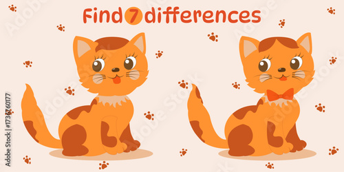Find the Differences, a children's activity, an educational game with a cute kitten