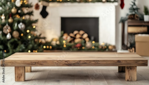 A rustic, rectangular wooden coffee table with thick legs sits on a light wood floor in front of a blurred Christmas scene with a decorated tree and fireplace.
