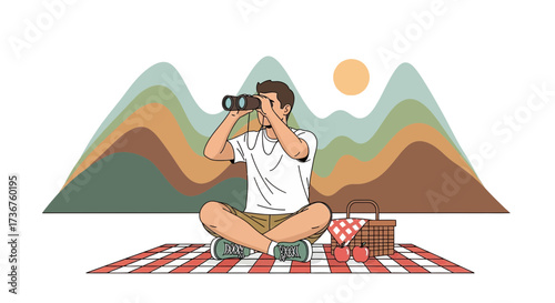Man Enjoying Picnic Viewing Vantage Point Using Binoculars With Scenic Mountain Background