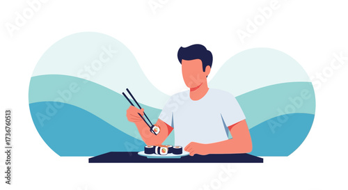 Man Enjoying Sushi Meal, Eating Asian Cuisine, Modern Illustration, Minimalist Design Style