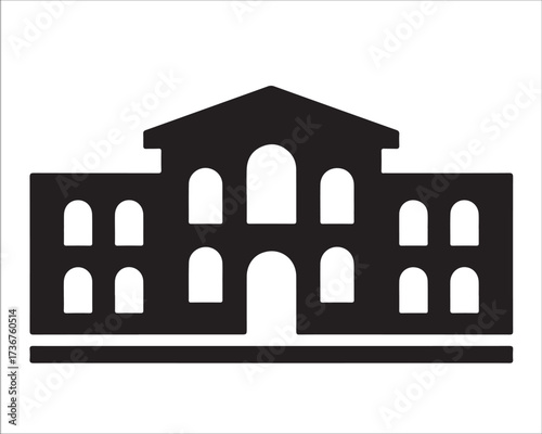 Silhouette of historic building with arched windows isolated on white background, simple black architecture icon symbolizing city landmark, government, university, institution, heritage, and construct