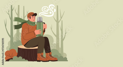 Man enjoying warm drink outdoors sitting on a tree stump in a forest environment