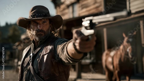 A cowboy with a revolver faces a thrilling Wild West standoff