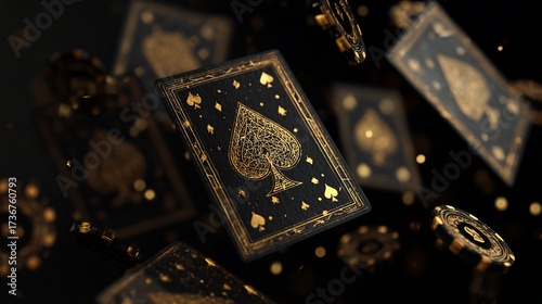 Black and gold playing cards with chips in mid-air, dark studio, gambling theme