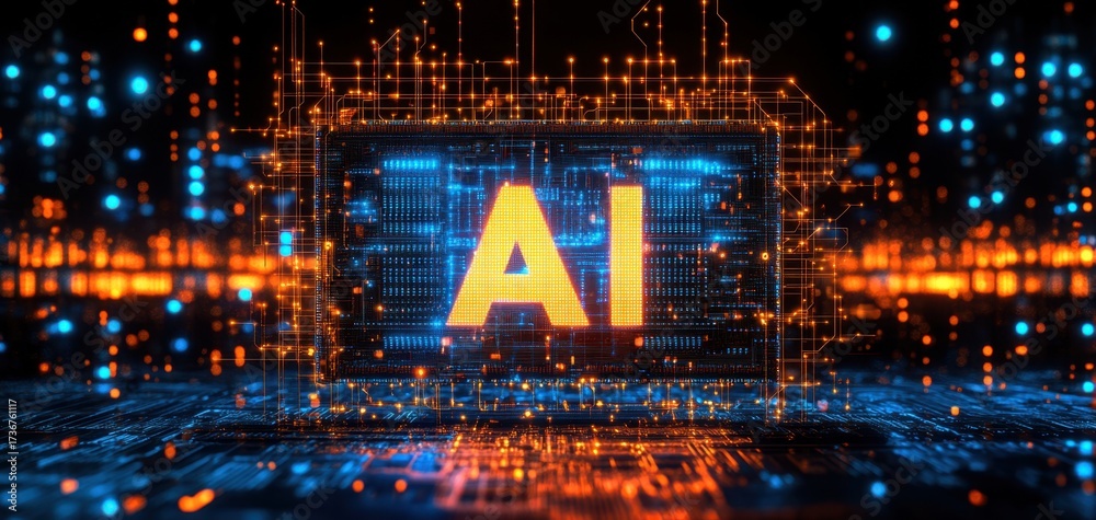 Obraz premium Ai displayed on glowing electronic circuit board with abstract orange grid and blue background dots in futuristic scene